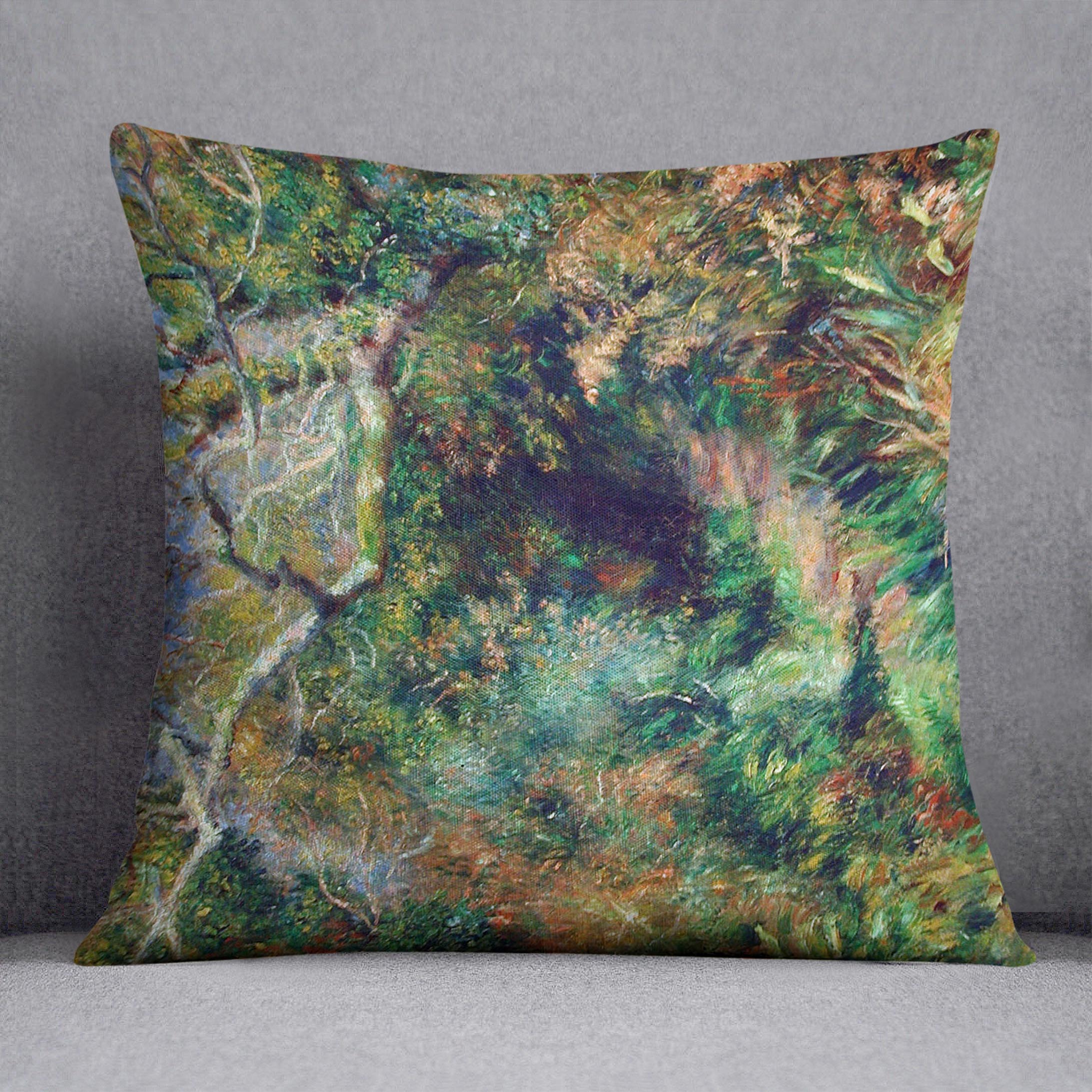 A vibrant cushion featuring Renoir's Landscape in Southern France design, made from luxurious vegan faux suede with plump filling.